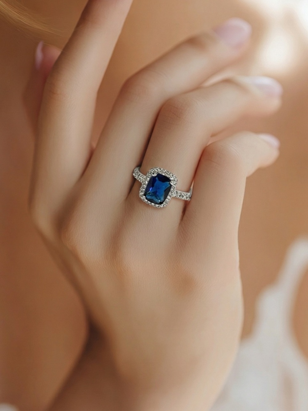 Tibetan Silver stamped .925 stimulated sapphire 6x8mm zirconia halo 7.5 8 8